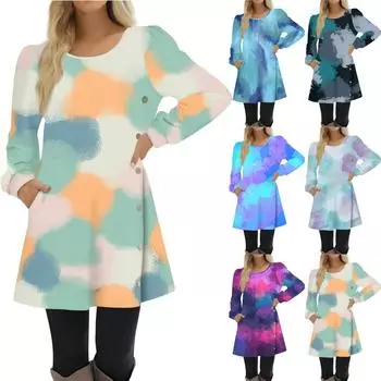 Модное женское осеннее повседневное свободное платье с градиентным принтом и пуговицами с длинными рукавами XXXL бирюзовый