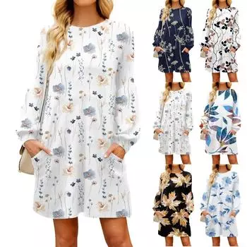 Модное женское осеннее повседневное свободное платье с длинным рукавом и принтом дефолиации L