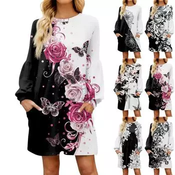 Модное женское осеннее повседневное свободное платье с цветочным принтом и длинным рукавом L чёрный