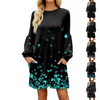 Модное женское осеннее повседневное свободное платье с цветочным принтом и длинным рукавом XXXL чёрный