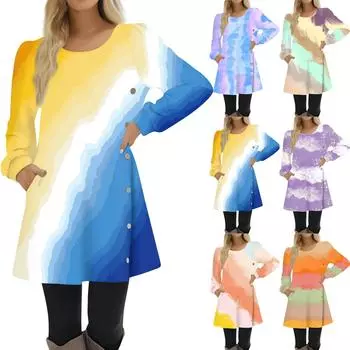 Модное женское осеннее повседневное свободное платье с градиентным принтом и пуговицами с длинными рукавами L белый