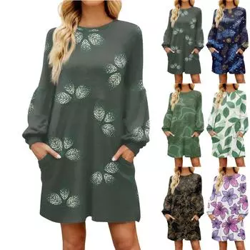 Модное женское осеннее повседневное свободное платье с цветочным принтом и длинным рукавом XL