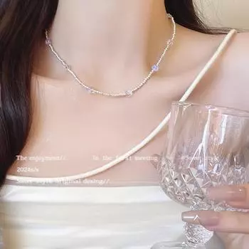 Модное женское ожерелье из хрустальных бусин в корейском стиле - универсальная цепочка на ключицу для темперамента X1476 серебряный