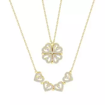 Модное женское ожерелье из нержавеющей стали с четырьмя полными цирконами и кристаллами в форме сердца, складное ожерелье с подвеской в виде цветка для женщин на свадьбу серебряный