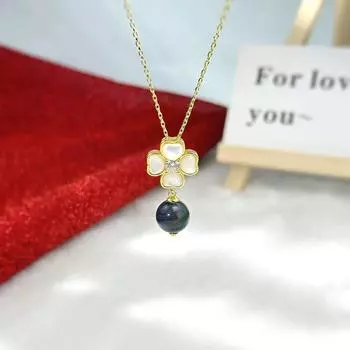 «Модное женское ожерелье с цветком из кошачьего глаза и нефрита Хотан 2024 года» золотой