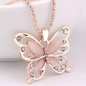 Модное женское ожерелье с подвеской в форме бабочки из розового золотого опала и цепочки на свитер разноцветный