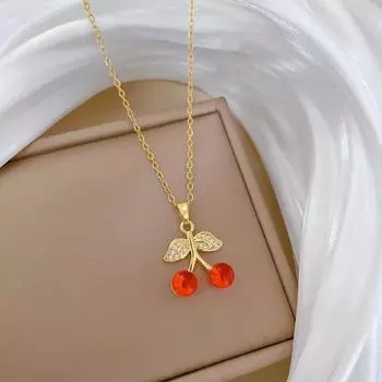 Модное женское ожерелье с подвеской в виде вишни из красного синтетического циркона 45cm золотой