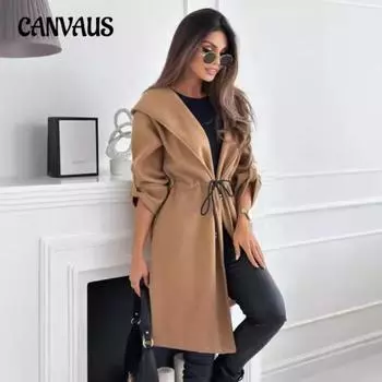 Модное женское пальто больших размеров со шнуровкой и капюшоном, с длинными рукавами, из шерсти, новое осеннее пальто S абрикосовый