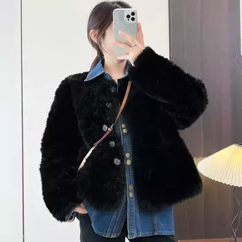 Модное женское пальто из овечьей шерсти с круглым вырезом, осенне-зимнее, новое, короткое, универсальное, с верхом из искусственного меха XL чёрный