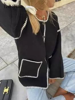 Модное женское пальто с круглым вырезом, осенне-зимнее однобортное пальто с длинными рукавами и карманами, женское элегантное лоскутное пальто в стиле High Street XS чёрный