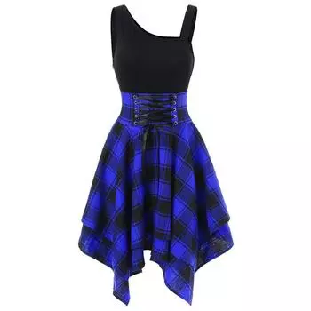 Модное женское платье без рукавов с открытыми плечами и крестиком в клетку с нерегулярным принтом L синий