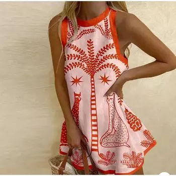 Модное женское платье без рукавов с принтом и узором, летнее свободное платье-майка с круглым вырезом, элегантные мини-платья в стиле бохо для отдыха S