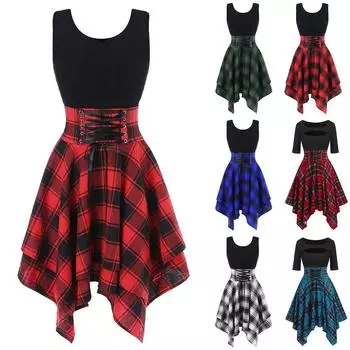 Модное женское платье без рукавов с открытыми плечами и крестиком в клетку с нерегулярным принтом L синий