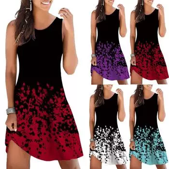 Модное женское платье без рукавов с круглым вырезом и принтом, повседневное свободное платье-пуловер M фиолетовый