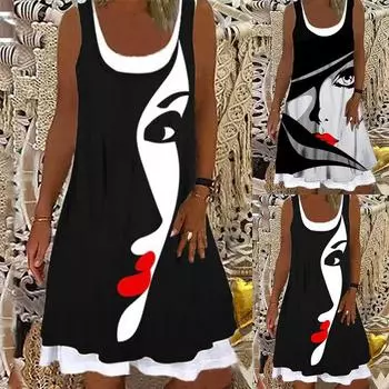 Модное женское платье без рукавов с круглым вырезом и принтом, свободное пуловерное платье L чёрный