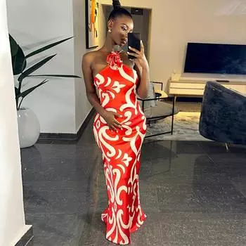 Модное женское платье без рукавов с принтом, объемным цветочным декором и облегающим бедром в европейском и американском стиле L красный