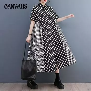 Модное женское платье больших размеров, летние платья-рубашки с принтом в горошек One Size чёрный