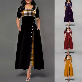 Модное женское платье больших размеров в клетку с принтом, винтажное платье миди на пуговицах из искусственного двойного комплекта S чёрный