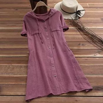 Модное женское платье из хлопка и льна с искусственным карманом и шнурком с капюшоном и короткими рукавами, однотонное платье на пуговицах M армия зеленый