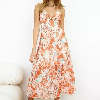 Модное женское платье-комбинация с цветочным принтом и оборками, летнее элегантное длинное платье без рукавов с V-образным вырезом, сексуальное женское платье 25472 S орион