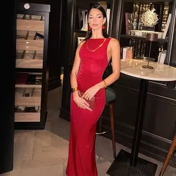 Модное женское платье, красное темпераментное платье без рукавов, облегающее сексуальное вечернее платье с открытой спиной S красный