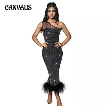 Модное женское платье на одно плечо в сетку с ромбовидными перьями и повязками S чёрный