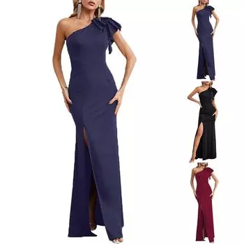 Модное женское платье на одно плечо, платье для подружки невесты, банкетное вечернее платье S синий