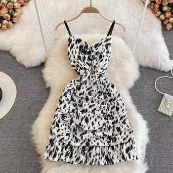 Модное женское платье на подтяжках с v-образным вырезом, лето 2022, новое корейское, темпераментное, тонкое, без рукавов, с буквенным принтом