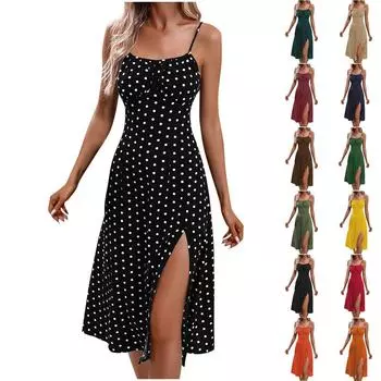 Модное женское платье на тонких бретельках в горошек с разрезом без рукавов M чёрный