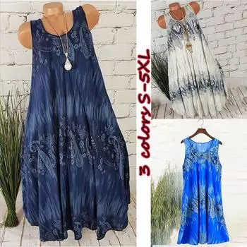 Модное женское платье-рубашка без рукавов с принтом нерегулярной формы(S-5XL) S тёмно-синий