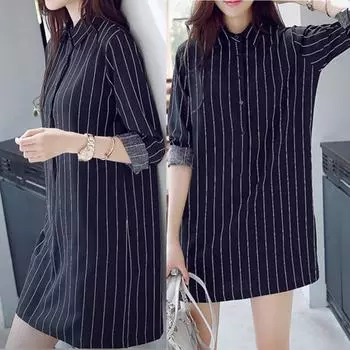 Модное женское платье-рубашка с длинным рукавом и отворотом в полоску, платье для отдыха L чёрный