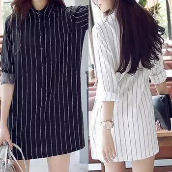 Модное женское платье-рубашка с длинным рукавом и отворотом в полоску, платье для отдыха XXL белый