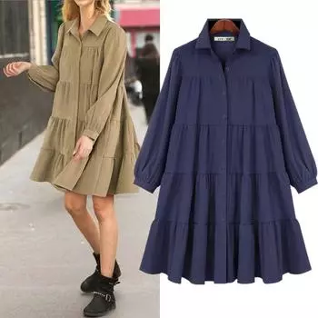 Модное женское платье-рубашка с длинным рукавом, весна-осень, свободное, большого размера, с многослойными оборками, короткое вечернее платье, женское повседневное плиссированное платье А-силуэта, одежда 1327 L хаки