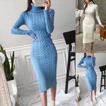 Модное женское платье с длинным рукавом, с высоким воротом, простое ребристое платье, повседневное однотонное платье M белый