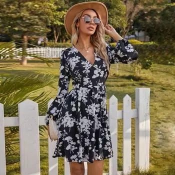 Модное женское платье с длинными рукавами и v-образным вырезом и высокой талией с цветочным принтом S