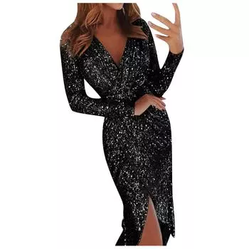 Модное женское платье с горячим тиснением и длинным рукавом, вечернее сексуальное блестящее платье с v-образным вырезом L чёрный