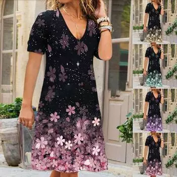 Модное женское платье с коротким рукавом с v-образным вырезом и принтом, повседневное тонкое пуловерное платье L розовый