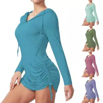 Модное женское платье с круглым вырезом и солнцезащитным кремом с капюшоном и длинными рукавами XXL синий