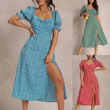 Модное женское платье с квадратным вырезом и цветочным принтом, темпераментная юбка с тонкими разрезами и пышными рукавами XL синий