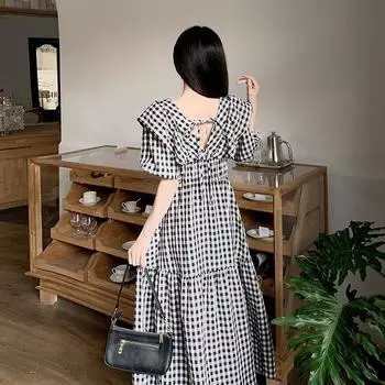 Модное женское платье с открытой спиной для девочек больших размеров в клетку с пышными рукавами L