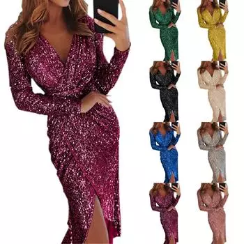 Модное женское платье с принтом, длинное вечернее платье с V-образным вырезом и блестками XXXL розовый