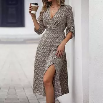 Модное женское платье с принтом, осеннее сексуальное платье в стиле бохо с глубоким v-образным вырезом, повседневное элегантное вечернее платье с длинным рукавом и разрезом по бокам, женский халат XL