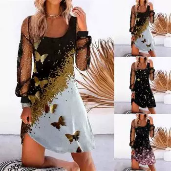 Модное женское платье с принтом, прозрачные сетчатые платья с длинным рукавом и круглым вырезом L чёрный