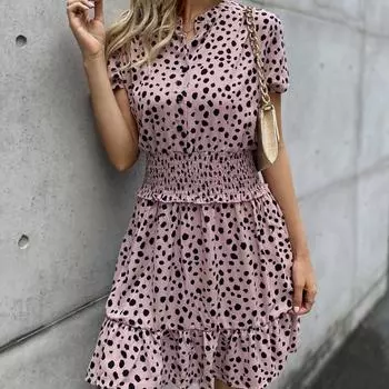 МОДНОЕ женское платье с принтом в виде пятен и V-образным вырезом, повседневное женское платье с коротким рукавом для офиса S розовый