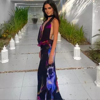 Модное женское платье с принтом в европейском и американском стиле, сексуальное, с воротником-стойкой, длинное и средней длины L фиолетовый