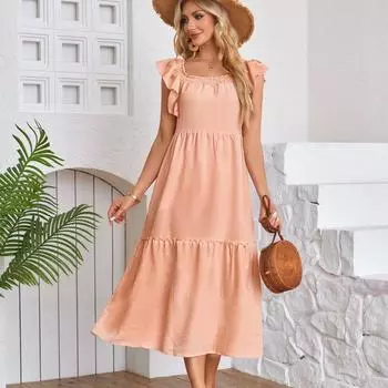 Модное женское платье с развевающимися рукавами и рюшами, новые летние свободные элегантные повседневные платья с квадратным вырезом, женские трапециевидные однотонные вечерние женские платья 1074 S коралловый