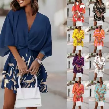 Модное женское платье с v-образным вырезом, свободное платье с рукавами «летучая мышь» и принтом, женское платье-туника, мини-платье S фиолетовый