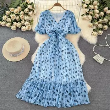 Модное женское платье с v-образным вырезом трапециевидной формы, шифоновые платья с воланами и принтом, Vestidos, летние платья со складками на шнуровке и подкладкой One Size оранжевый