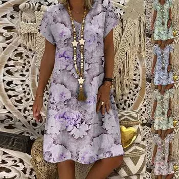 Модное женское платье с v-образным вырезом и принтом, повседневное свободное платье-пуловер с короткими рукавами L зелёный