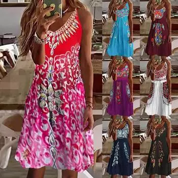 Модное женское платье с V-образным вырезом и принтом, повседневное свободное сексуальное платье без рукавов S
